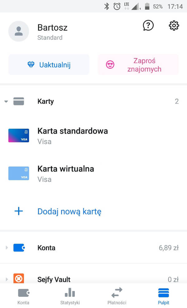 Screen z aplikacji Revolut - podsumowanie konta