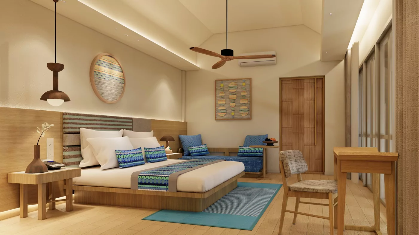 łóżko stolik lampa wiatrak