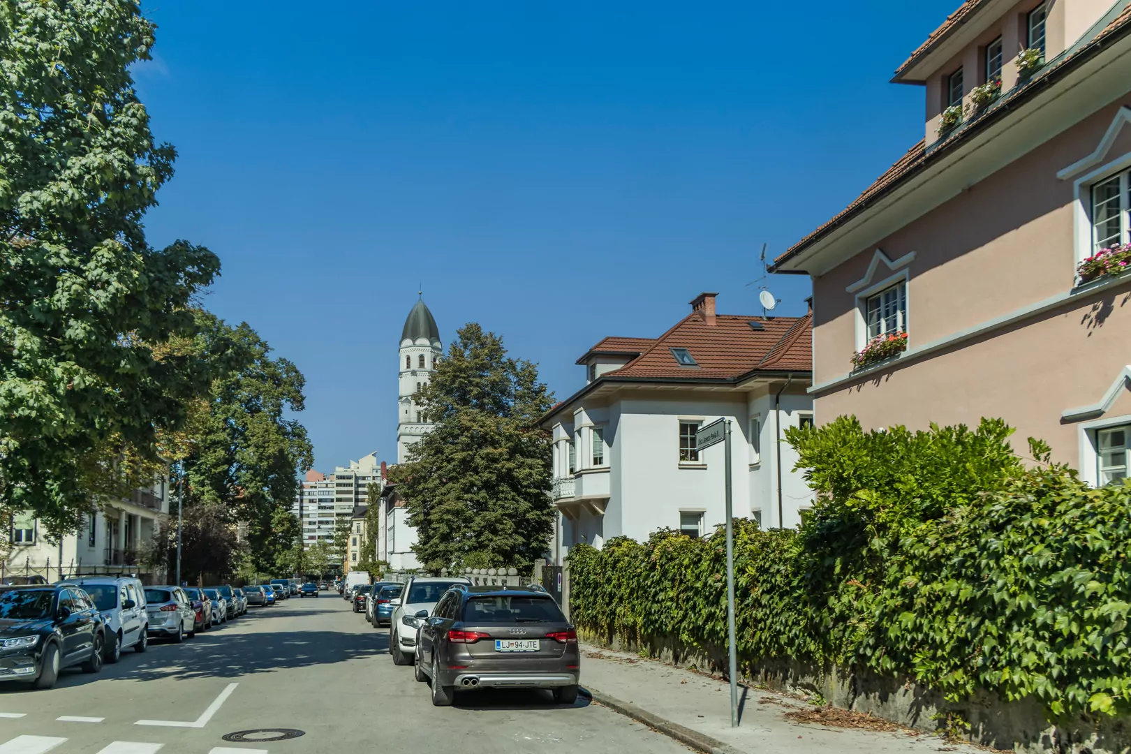 Lublana ulica auta drzewa budynki